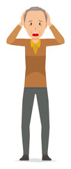 An elderly man wearing brown clothes is panicking