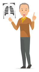 An elderly man wearing brown clothes has an X-ray picture