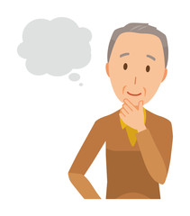 An elderly man wearing brown clothes is imagining