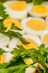 Boiled eggs cut in halves decorated with fresh parsley leaves