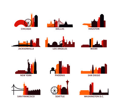 United States of America USA cities icons set, modern skyline citysape landmark logo vector pack