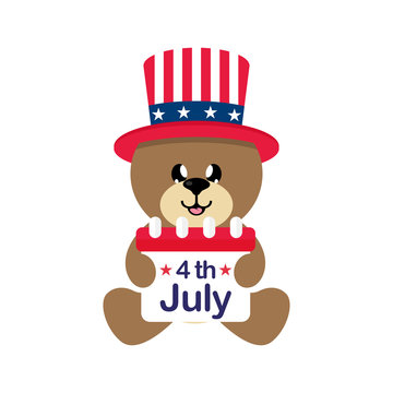 4 july cartoon cute bear in hat sitting with calendar