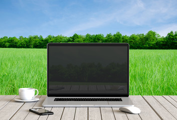 Laptop with smartphone on wood shelf with grass meadow background. 3D rendering