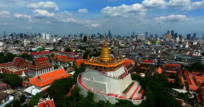 An aerial view from a drone of Wat Saket in Bangkok - Temple of the Golden Mountain