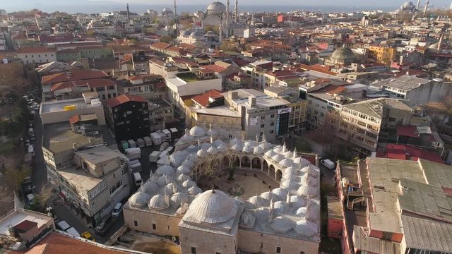 Mosque in Istanbul, Turkie. Sunny day. Aerial drone view shot. Blue sky, Daylight. City centre.