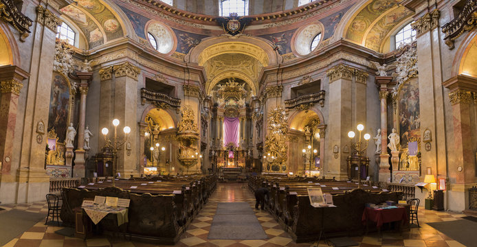 The beautiful panoramic interior of St. Peter's Church (Peterskirche), a Baroque Roman Catholic parish church in Vienna, Austria