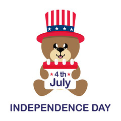 4 july cartoon cute bear in hat sitting with calendar and text