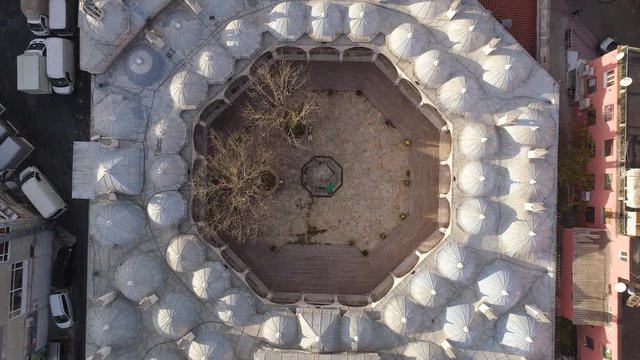 Mosque in Istanbul, Turkie. Sunny day. Aerial drone view shot. Blue sky, Daylight. City centre.