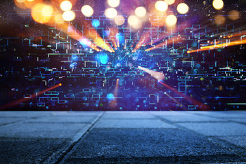 Futuristic retro background of the 80`s retro style. Digital or Cyber Surface. neon lights and...