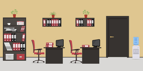 Office in a beige color. There are black desks, red chairs, a water cooler, a cabinet for documents, computers, shelves with folders and other objects in the picture. Vector flat illustration.