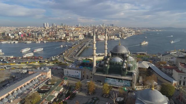 The Blue Mosque Sultanahmet in Istanbul, Turkie. Aerial drone view Shot. Blue sky, sunset.