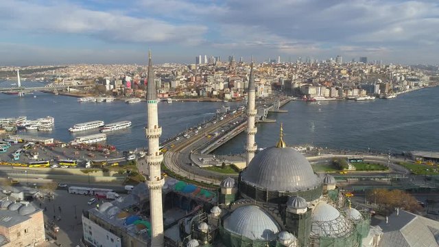 The Blue Mosque Sultanahmet in Istanbul, Turkie. Aerial drone view Shot. Blue sky, sunset.