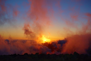 Colorful sunset from Refugio Punta de Los Roques on a long distance hiking trail GR131 leading from Fuencaliente to Tazacorte, La Palma, Canary Islands, Spain