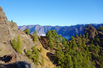 Fototapeta na wymiar Hiking trail GR131 Rute de los Volcanes leading on the edge of Caldera de Taburiente which is the largest erosion crater in the world, La Palma, Canary Islands, Spain