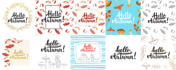 Hello, autumn - hand drawn lettering greeying card collections isolated on the white background. Fun brush ink vector calligraphy illustrations set for banners, poster design.