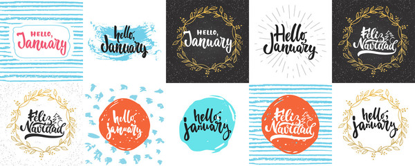 Hello, january - hand drawn lettering greeying card collections isolated on the white background. Fun brush ink vector calligraphy illustrations set for banners, poster design.