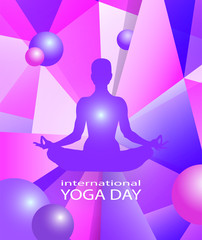 Human body in yoga lotus asana on colorful modern geometric abstract pattern or mosaic with flying balls in trendy bright purple violet colors background. International Yoga Day poster, card or flyer