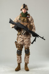 Soldier in camouflage holding rifle