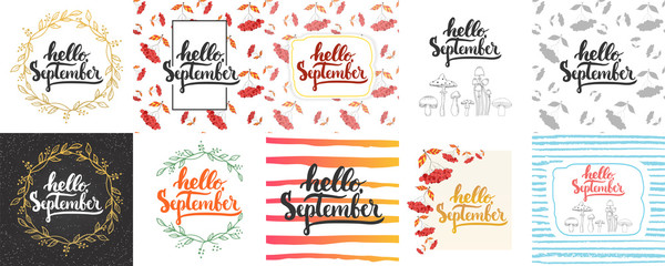 Hello, september - hand drawn lettering greeying card collections isolated on the white background. Fun brush ink vector calligraphy illustrations set for banners, poster design.