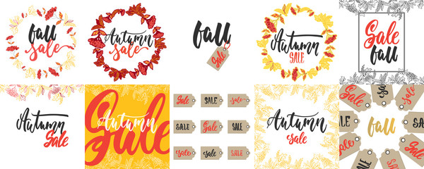 Hand drawn lettering cards for Autumn Sale about collections isolated on the white background. Fun brush ink vector calligraphy illustrations set for banners, greeting card, poster design.