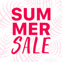 Summer sale typographic and calligraphic banner with palm leaves on background.