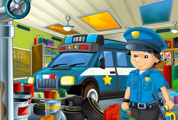 Obraz na płótnie Canvas cartoon scene with policeman in some garage - working repearing police car or clearing work place - illustration for children