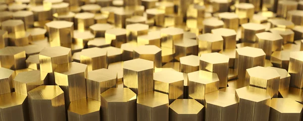 Fotobehang Brass metal, warehouse of brass hexagonal rods. Rolled metal products.  © simone_n