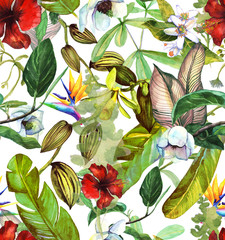 Fototapety  Bezszwowy wzór akwarela z tropikalnymi kwiatami, magnolią, kwiatem pomarańczy, orchideą waniliową, tropikalnymi liśćmi, liśćmi bananowca