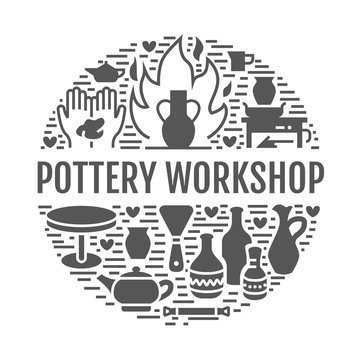 Pottery workshop, ceramics classes banner illustration. Vector glyph icons of clay studio tools. Hand building, sculpturing equipment. Art shop circle template with text.