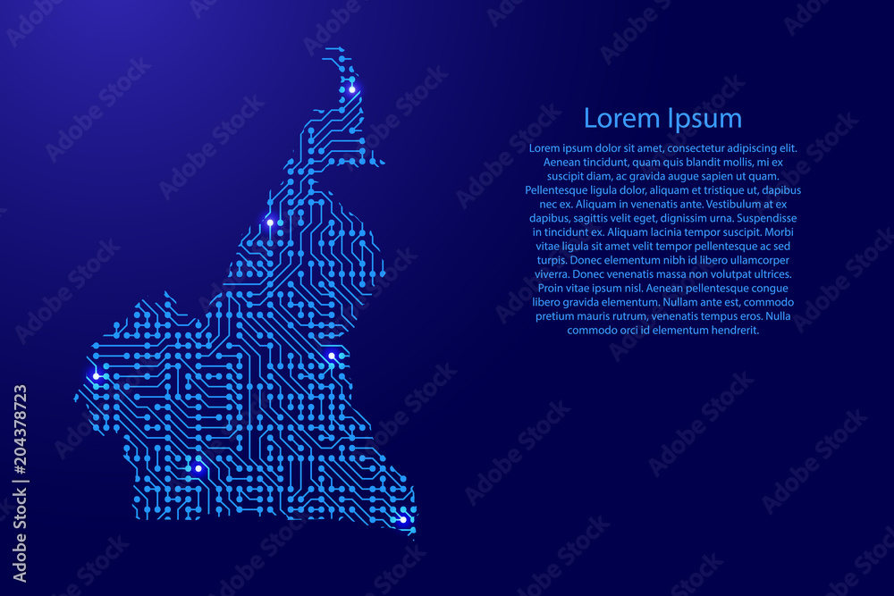 Fototapete map cameroon from printed board, chip and radio component with blue star space on the contour for ba
