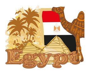 Obraz na płótnie Canvas Vintage banner with pyramids giza, flag and camel