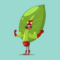 Cute Lettuce cartoon character of a vegetable in a superhero costume, mask and big biceps. Vector concept illustration in a flat style for a healthy eating and lifestyle.