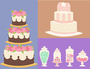Wedding cakes fresh tasty dessert sweet pastry pie card gourmet homemade delicious cream traditional bakery tart vector illustration.