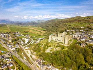 Aerial view of the skyline of Harlech with it's 12th century castle, Wales, United Kingdom