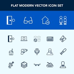 Modern, simple vector icon set with calculator, karaoke, sign, eyeglasses, male, profile, replacement, gun, property, estate, door, exit, voice, boy, song, war, girl, vision, escape, microphone icons