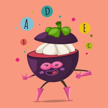 Cute Mangosteen cartoon character of an exotic fruit in a superhero costume, mask and bubbles of vitamins A, B, C, D, E. Vector concept illustration in a flat style for a healthy eating and lifestyle.