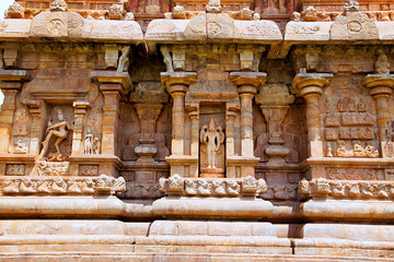 Niches on the southern wall of the mukhamandapa, Brihadisvara Temple, Gangaikondacholapuram, Tamil Nadu, India. Nataraja on the left and Harihara on the right.