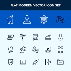 Modern, simple vector icon set with key, train, sign, communication, camera, architecture, clothes, internet, human, interior, technology, business, tv, building, domestic, video, house, railway icons