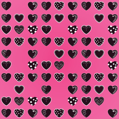 Beautiful pattern: black hearts on a bright pink background. For textiles, fabrics. Romantic cute print, texture. Vector.