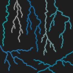 Pixel lightning vector set, 8-bit style electric discharges with semi-transparent glow, pixellated atmospheric electricity effects, 80s, retro, pixel art design elements isolated on dark background