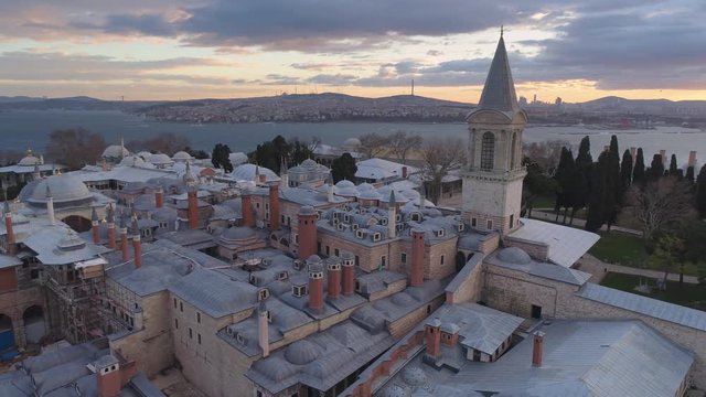 Aerial drone shot of sunrise in Istanbul, Turkie. From above, city centre. Topkapi palace.