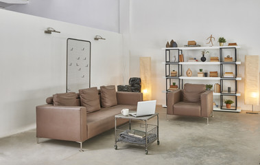 modern living room corner with bokkshelf
