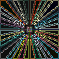 Pastel colors on black background, striped perspective lines.