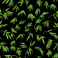 Exotic Seamless Pattern, Tropical Bamboo Plants Branches with Green Leaves on Tile Black Background. Vector