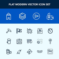 Modern, simple vector icon set with nation, hotel, flag, equipment, tv, web, television, internet, dump, bill, email, service, antenna, dumper, retail, truck, label, pub, receipt, bed, bar, room icons