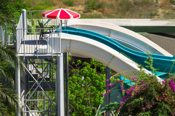 high water park slide in luxury exotic resort. attraction is equipped by a ladder and surrounded by tropical trees