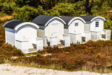 Fototapeta na wymiar Falsterbo, Sweden - White seaside bathing huts in a row among heather and sand on a sunny warm day.