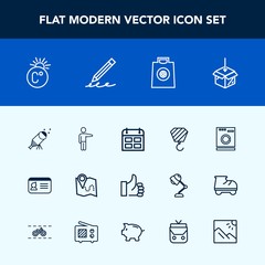 Modern, simple vector icon set with hand, sale, schedule, construction, machine, timetable, white, night, people, map, travel, pin, sky, web, laundry, appliance, washer, upload, thermometer, up icons