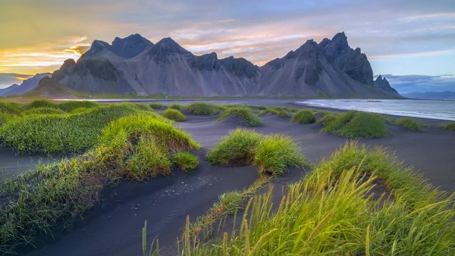 4k Timelapse Movie of Beautiful Sunset Scene Mountain vestrahorn in Iceland, Summer Season