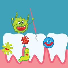 tooth bacteria and tooth for dentistry / stomatologist / dental clinic poster. flat vector illustration